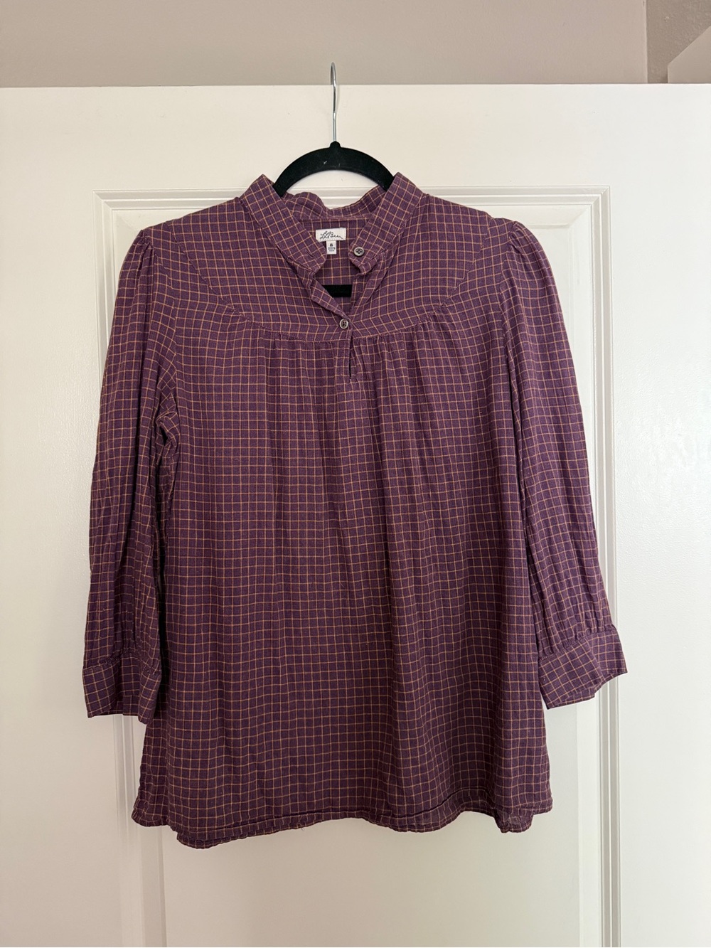 L.L Bean Sz 8 High Neck Blouse 3/4 Sleeve Plum Plaid 2010s Cottagecore